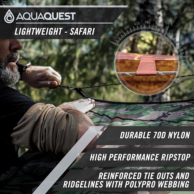 AquaQuest Safari Tarp – Lightweight Waterproof (5,000mm) Seam-Taped Ripstop Rain Fly for Backpacking, Thru-Hiking & Hammock Camping