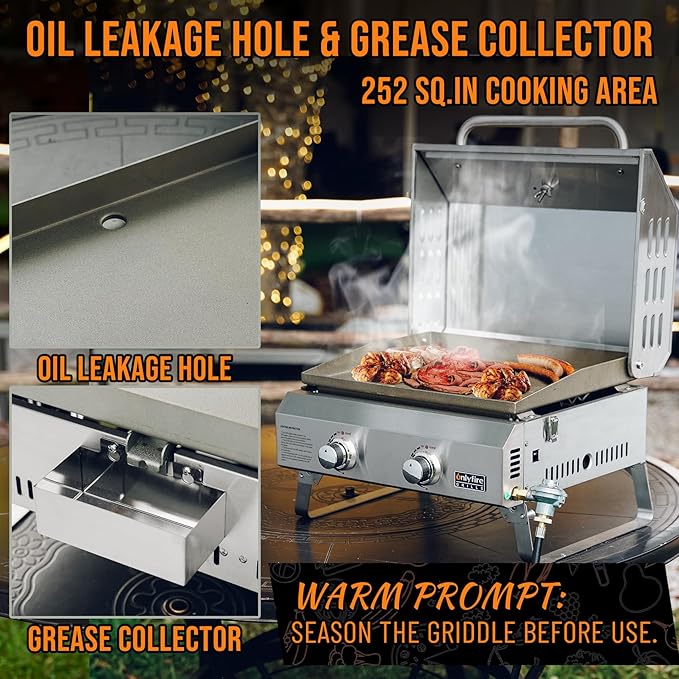 Tabletop Gas Griddle with Lid & Foldable Legs, 2-Burner BBQ Propane Flat Top Griddle, Portable Grill Stove for Outdoor Cooking Patio Party Camping Tailgating RV, Stainless Steel, GS318