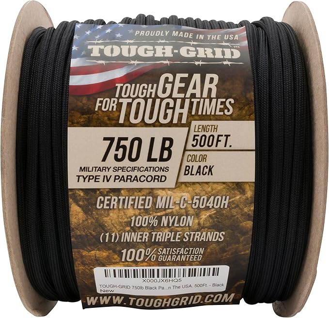 TOUGH-GRID Paracord Rope 750 lbs Nylon Parachute Cord, Made in USA Survival Kit, Outdoor Adventures, Camping, Tactical Gear & Emergency Supplies, Military Type IV Mil-Spec