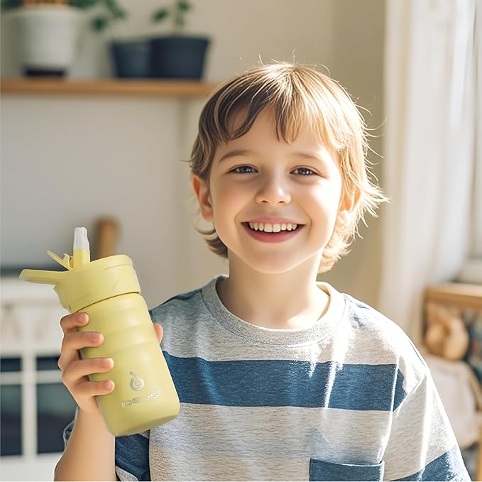 IDEUS Insulated Water Bottle 12oz, Stainless Steel Insulated Water Bottle For School, Insulated Bottles With Straws Leakproof, Vacuum Double Wall Water Bottles For Boys And Girls With 2 Lids, BPA Free
