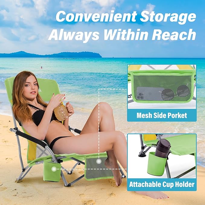 Homcosan Portable Low Folding Beach Chair - Lightweight Camping Chair for Adults with Cup Holder & Storage Pocket, Carry Bag Included (Green & Yellow)