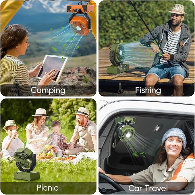 20000mAh Portable Camping Fan, Rechargeable Battery Powered Fan with Remote Control & Oscillating, LED Display, Light, Timer, Rotation, Hanging Hook for Outdoor Camp, Beach, Travel Tent