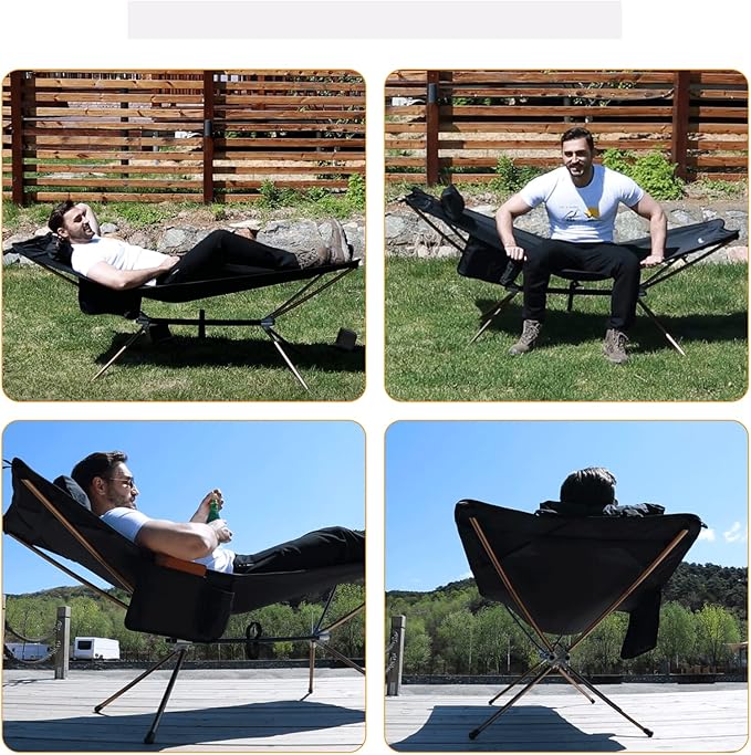 KingCamp Hammock with Stand, Portable Folding Large Oversized XL Heavy Duty Ultralight Lay Flat Sleeping Camping Cot with Carry Bag for Adult Outside Outdoor Backpacking Travel Patio Backyard, Black