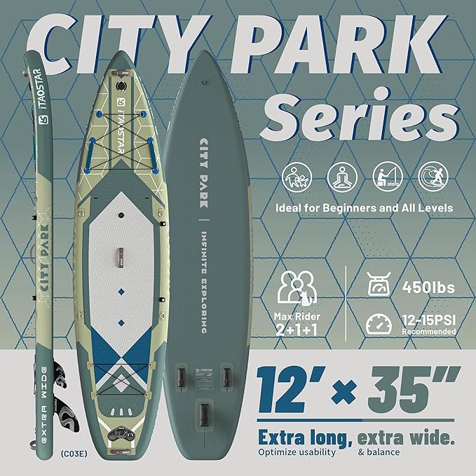 City Park 12'×35" Extra Wide Paddle Board with Seat, One-Stop Premium SUP Board Gears, Tailored 5 Fins, Stable Inflatable Stand Up Paddle Boards for Youth/Adults of All Levels