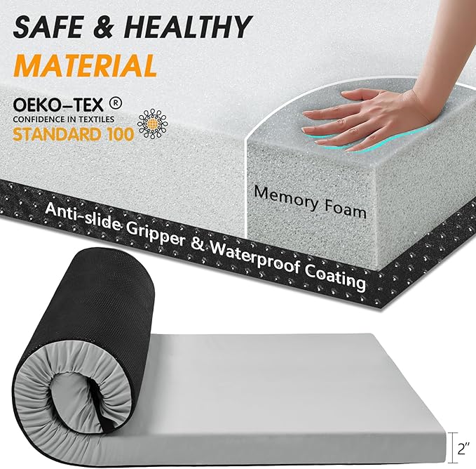 CYMULA Camping Cot Mattress 2in Memory Foam Sleeping Pad,Soft Warm Non-Slip Camping Mattress Topper with Retaining for Adults,Portable Roll up Pad for Travel(75 x30)（only Mattress）