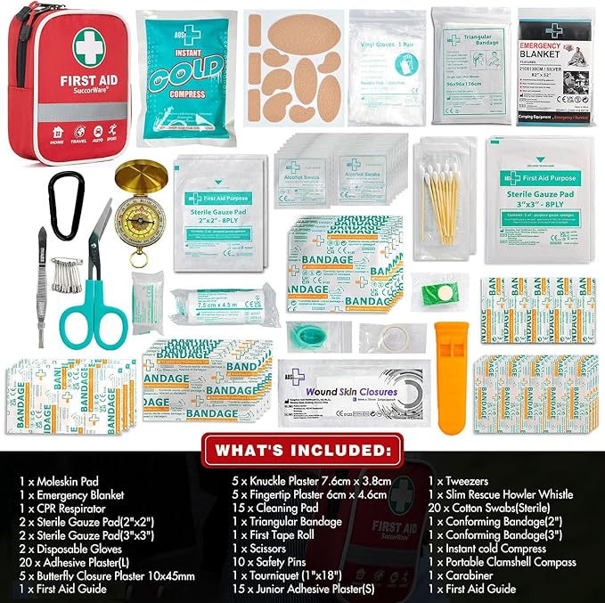 SuccorWare130 Pieces First Aid Kit with Hospital Grade Medical Supplies - Includes Emergency Blanket, Bandage - Great for Home, Outdoors, Office, Car, Travel, Camping, Hiking, Boating