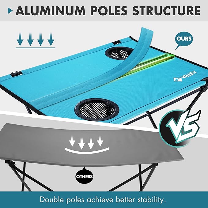 VILLEY Folding Camping Table, Lightweight Portable Beach Table with 2 Cup Holders & Carry Bag for Camping, Beach, Fishing, Travel, and Outdoor Activities (Small)