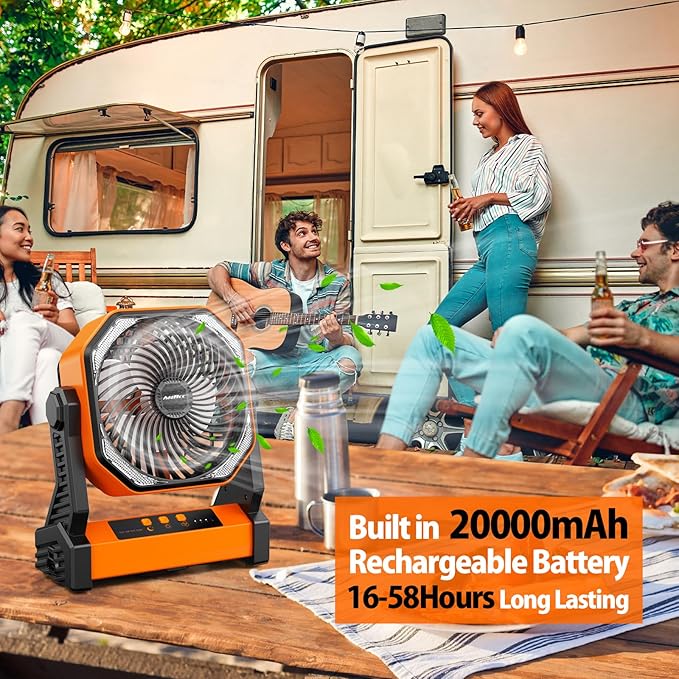 20000mAh Camping Fan, Rechargeable Battery Operated with 360° Rotatable Hook, 400 Lumes Light, 270° Pivot, 4 Speeds, 58Hrs Battery Powered Fan for Outdoor Tent Car Trip BBQ Hurricane Power Outages