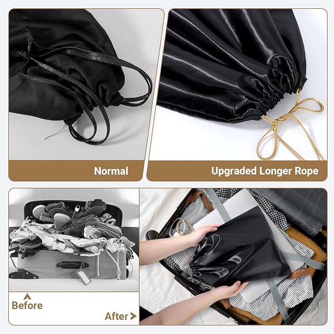 Ewen 12 Pack Satin Drawstring Dustbags with Blank Tags, Dustproof Packing Bags Set in Small Medium Large, Black Travel Essentials Organizer Pouch for Handbags Clothes Storage Shoes Purse Organization