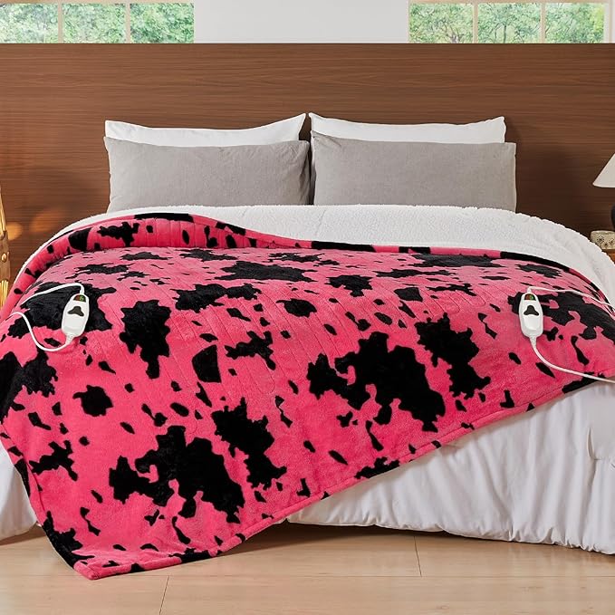 Cow Print Electric Heated Blanket King Size,90X100 Pink Heating Blanket King With Dual Control&Timer&10 Heat Levels,Highland Cow Decor Fleece Sherpa Blankets Warmer Gifts for Bed Women Adults,ETL
