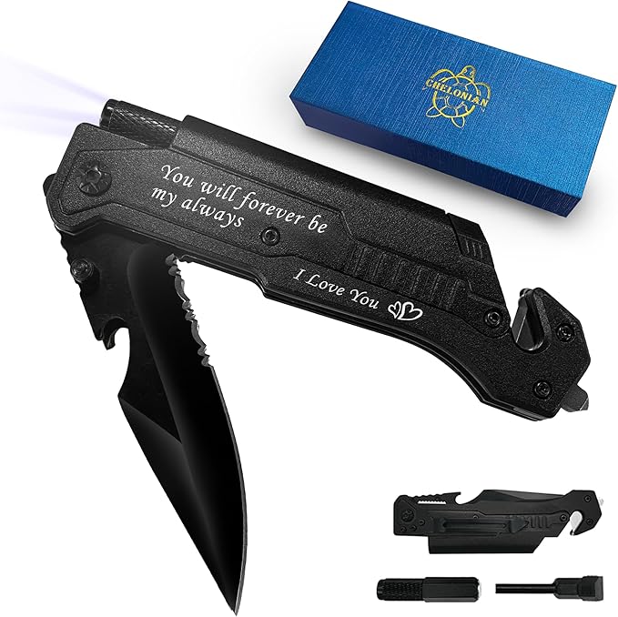 Engraved Folding Knives for Men,6 in 1 Pocket Knives with Fire Starter,Flashlight,Bottle Opener,Glass Breaker,Birthday Gifts for husband