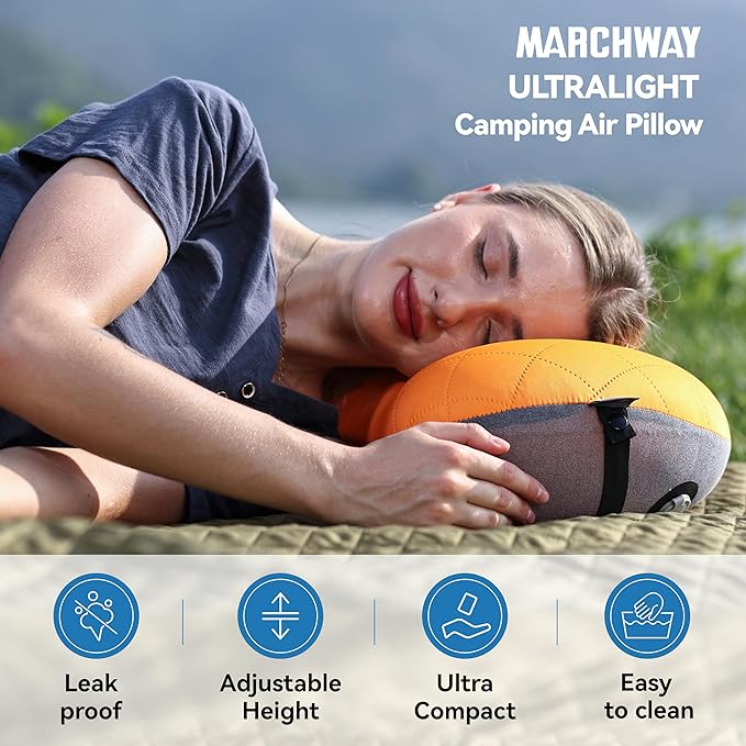 MARCHWAY Ultralight Inflatable Camping Pillow with Soft Washable Cover, Compact Compressible Portable Travel Air Pillow for Outdoor Camp, Sport, Hiking, Backpacking Sleep (Orange)
