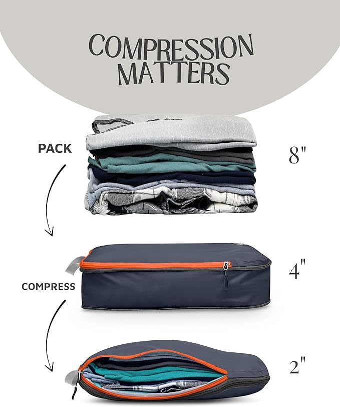Large Compression Packing Cubes for Travel-Packing Cube Luggage Organizers 7 Piece Set for Checked Luggage-Ultralight, Expandable/Compression Bags by TRIPPED Travel Gear (Grey/Orange)
