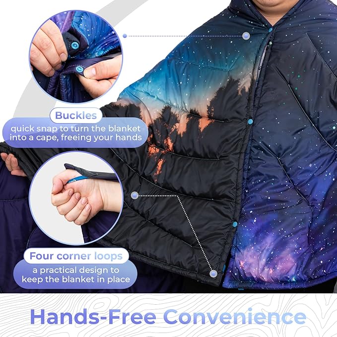 KingCamp Ultralight Camping Blanket, Packable Down Alternative Puffy Printed Wearable Blanket with Snap Buttons & Corner Loops Weatherproof Quilt for Outdoor Travel Stadium (79"L x 57"W, STARRYSKY)