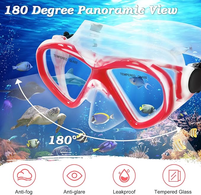 Kids Snorkel Set Dry Top Snorkeling Gear for Kids Youth Boys Girls Junior Age 5-15,Tempered Glass Swimming Diving Mask and Snorkel Set 180 Degree Panoramic View