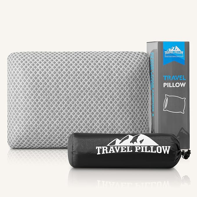 Travel Pillow Memory Foam Pillows, Camping Pillow-Compressible Medium Firm, Breathable Cover, Ideal Backpacking Hiking, Bed Pillows, Airplane and Car (Light Grey, L)