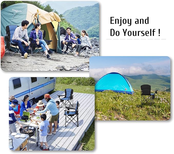 Oversized Camping Chair Folding Heavy Duty Quad Outdoor Large Lawn Chairs Portable Support 400 lbs Padded Thicken Oxford with Armrests, Storage Bag, Cup Holder, Carry Bag for Outside(Blue)