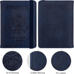 WALNEW Passport Holder for Travel, RFID Passport Cover Wallet for Women Men, PU Leather Passport Book Card Holder Case with Pen, Travelling Essentials for Flying