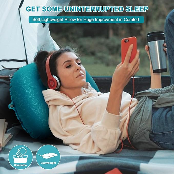 Inflatable Camping Pillow, Travel Blow Up Air Pillow, Neck Lumbar Support Ultralight Compact Pillow for Outdoor Hiking Backpacking Car Beach Airplane Sleeping Essentials, Peacock Blue