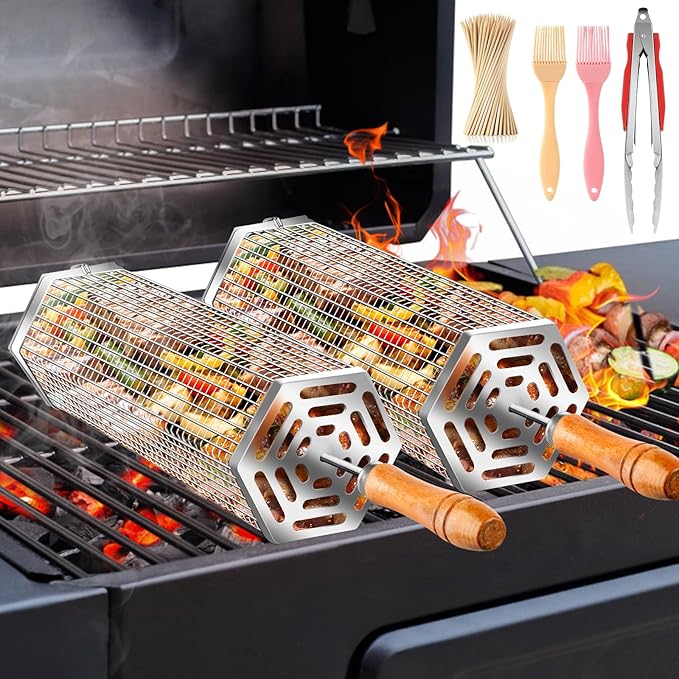 5PCS Grill Baskets For Outdoor Grill,Upgrade Buckle Rolling Nesting Grill Baskets,BBQ Accessories Tools Set With Brush,Tongs For Vegetables Camping,Birthday Gifts For Men Dad Husband,Fathers Day