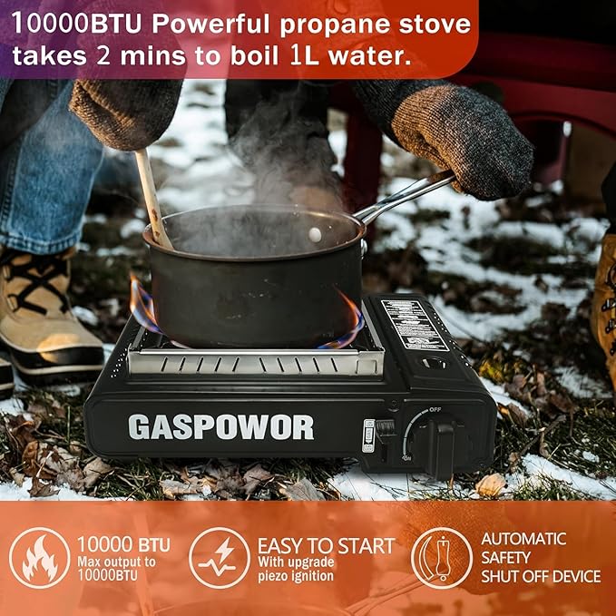 1-Burner Butane Stove included a Windblocker,10000 BTU Gas Stove Portable with Case, Automatic ignition Camping Stove,Portable Gas Stove,Precise Flame Control,Gas Burner for Cooking Outdoor