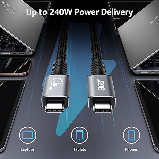 acer USB4 Cable 40Gbps, 8K@60Hz USB-C Video Cable, 240W Fast Charging Thunderbolt 4/3 Braided High Speed Cable Compatible with MacBook, SSD, Docking, iPhone 16 and More (6.6FT)