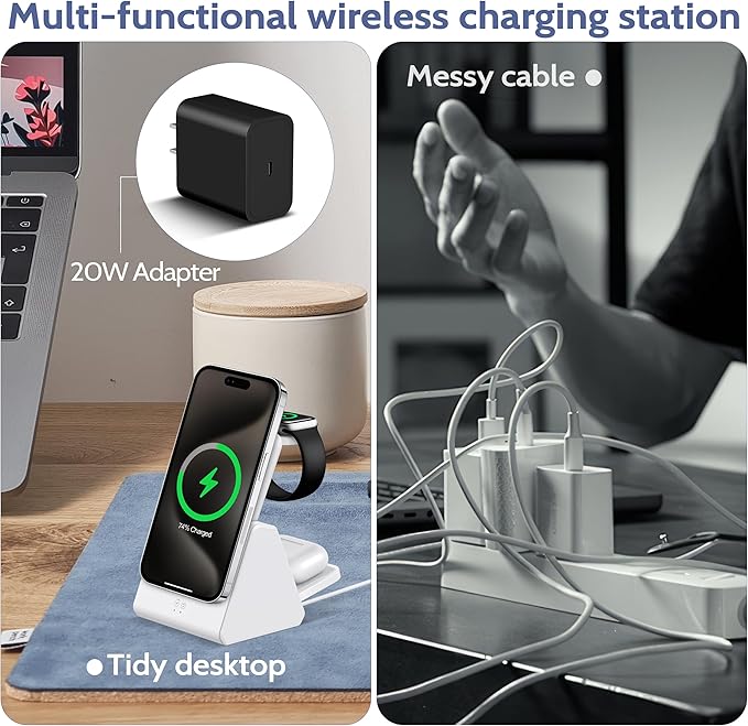 3-in-1 Wireless Charging Station: Portable 10000mAh Power Bank Charger Compatible for Phone Air/17/16/15/14/13/12 Series and Watch - Detachable Magnetic Charging Stand White