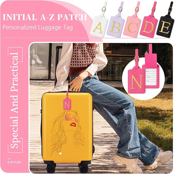 Personalized Rose Red Leather Initial Luggage Tags - Cute Embroidered Custom Monogram Name Card Cover Travel Backpack Gift for Women & Kids