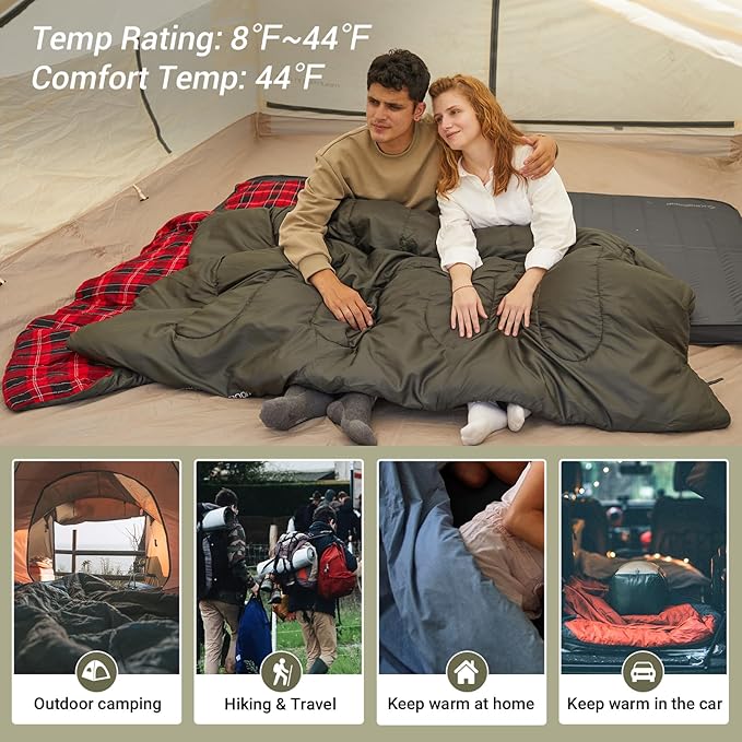 KingCamp Double Sleeping Bag for Adults, Queen Size 2 Person XXL Flannel Sleeping Bag, Waterproof Lightweight Flannel Quilt with 2 Pillows, Perfect for Couples Family Camping Hiking