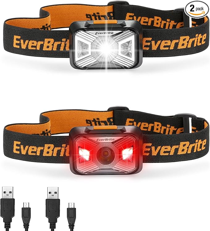 EverBrite Headlamps Rechargeable with Red Light - Outdoor LED Flashlight Head Lamps, Waterproof Dustproof Gear for Hiking Camping Essentials, 2 Pack