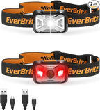 EverBrite Headlamps Rechargeable with Red Light - Outdoor LED Flashlight Head Lamps, Waterproof Dustproof Gear for Hiking Camping Essentials, 2 Pack