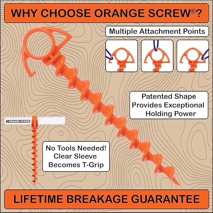 Ultimate Ground Anchors: Heavy Duty Screw-in Tent Stakes for High Wind, Sand, Canopies, and Camping - Made in USA, Included T-Grip Tool - (Small, Single Pack, Orange)