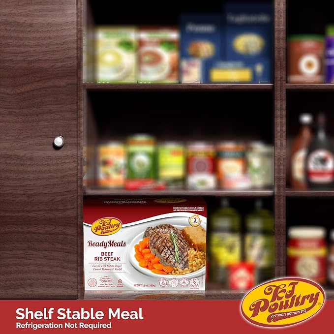 KJ Poultry Kosher Ready Meals - Beef Variety (4 Pack) Prepared Entree Fully Cooked, Shelf Stable Microwave Dinner Travel, Military, Camping, Emergency Survival Protein Food Supply Kit