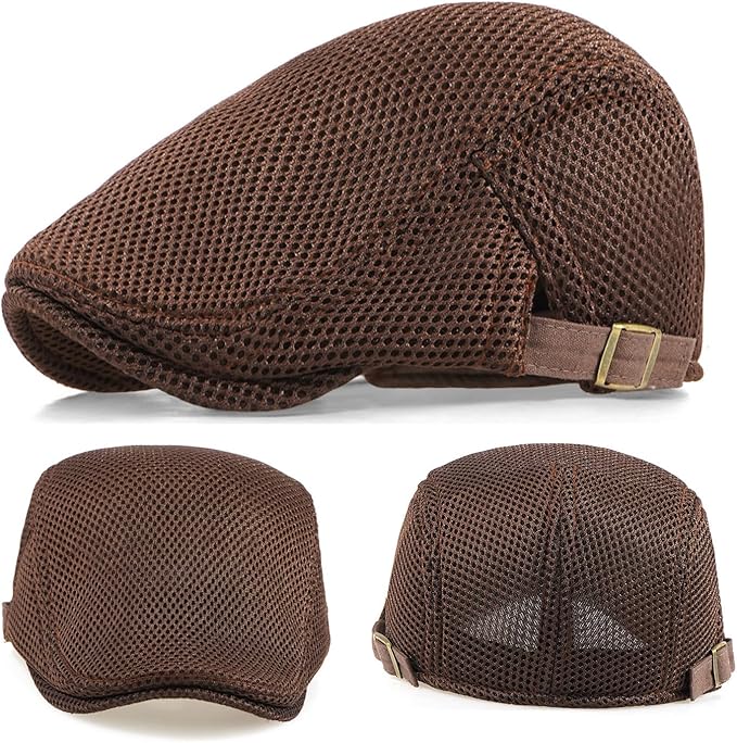 2 Pack Men's Mesh Cap Breathable Summer Newsboy Hat Adjustable Beret Ivy Cap Irish Cabbie Driving Hunting Hats