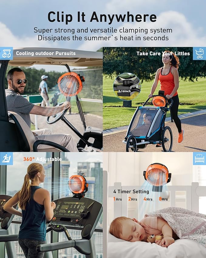 DUKUSEEK Clip Fan with LED Lantern, 20000mAh Rechargeable Clamp Fan, 360° Rotation USB Personal Fans with Hanging Hook, 9in Portable Camping Fan for Bed, Car, Bedroom, Outdoor