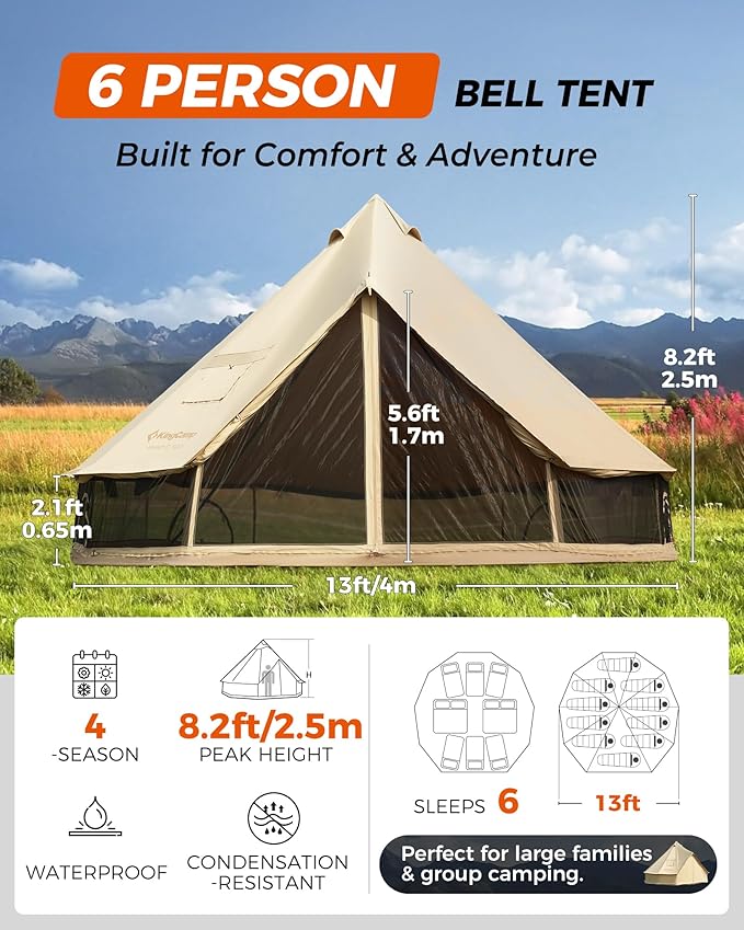 KingCamp Canvas Bell Yurt Tents, 4 Seasons Large Waterproof & Windproof Luxury Glamping Tent w/Stove Jack for Family Outdoor Camping, Hunting, Parties