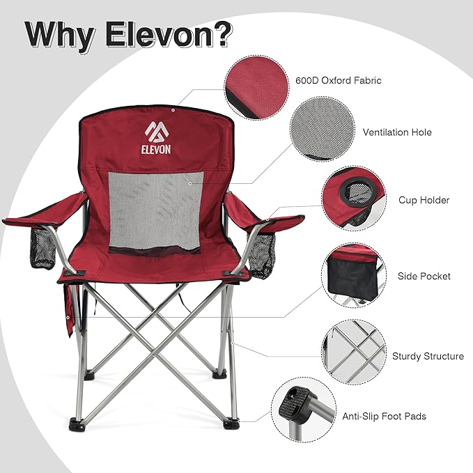 Camping Chair, Portable Folding Outdoor Chair with Arms, Cup Holder and Carry Bag