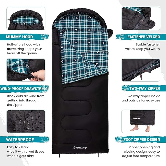 KingCamp Sleeping Bag for Adults, Cold Weather & Warm XL Big and Tall Flannel Sleeping Bags with Compression Sack Portable Waterproof Essentials Gear Accessories for Outdoor Camping