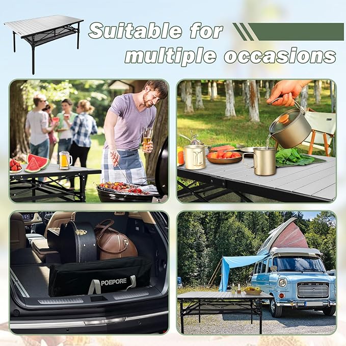 Large Folding Camping Table Aluminum with Storage for 4-6 People 55"X27.5" Roll Up Tall Outdoor Portable Table Lightweight with Carry Bag for Picnic BBQ Backyard Beach