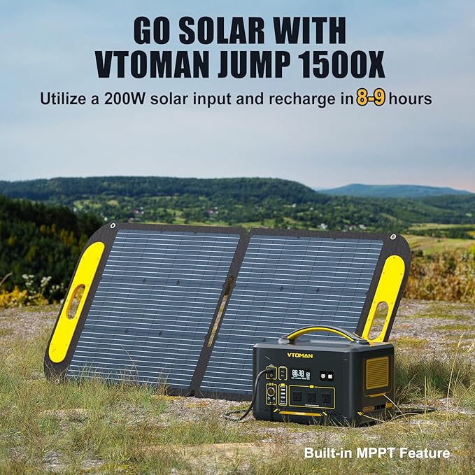 VTOMAN Jump 1500X Portable Power Station with 110W Solar Panel, 1500W/828Wh LiFePO4 Battery Solar Generator with 1500W Constant-Power, PD 100W Type-C, Capacity Expandable for Camping, Home Backup