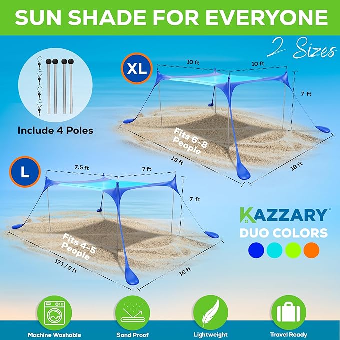 Beach Tent UPF50+ Sun Shade Canopy with Sandbags, 4 Stability Poles, Ground Pegs, Flying Disc Sand Shovel, Lightweight Sunshade Shelter, 7ft Tall for Outdoor Trips, Camping and Sports