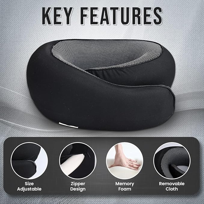 Travel Neck Pillow 100% Memory Foam, Ergonomic 360° Support Pillow for Flights, Car, Office & Train, Breathable Travel Essentials for Adults & Kids, Neck Pain Relief, (BLACK)