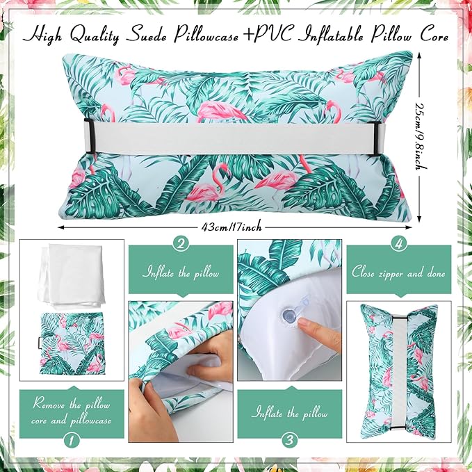 Inflatable Beach Pillow with Removable Cover Outdoor Pool Pillow Beach Chair Pillows for Sand Inflatable Camping Pillow for Travel Vacations, Tropical Flamingo