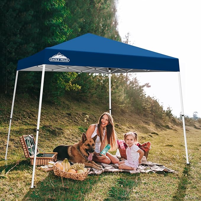 EAGLE PEAK 10x10 Slant Leg Pop-up Canopy Tent Easy One Person Setup Instant Outdoor Beach Canopy Folding Portable Sports Shelter 10x10 Base 8x8 Top (Dark Blue)