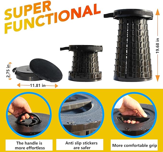 ALEVMOOM Upgraded 19.7" Collapsible Stool with Thickened Cushion, Telescoping Stool Foldable for Adults, 1000lbs Max Weight, Heavy Duty Portable Chair for Outdoor Travel&Camping