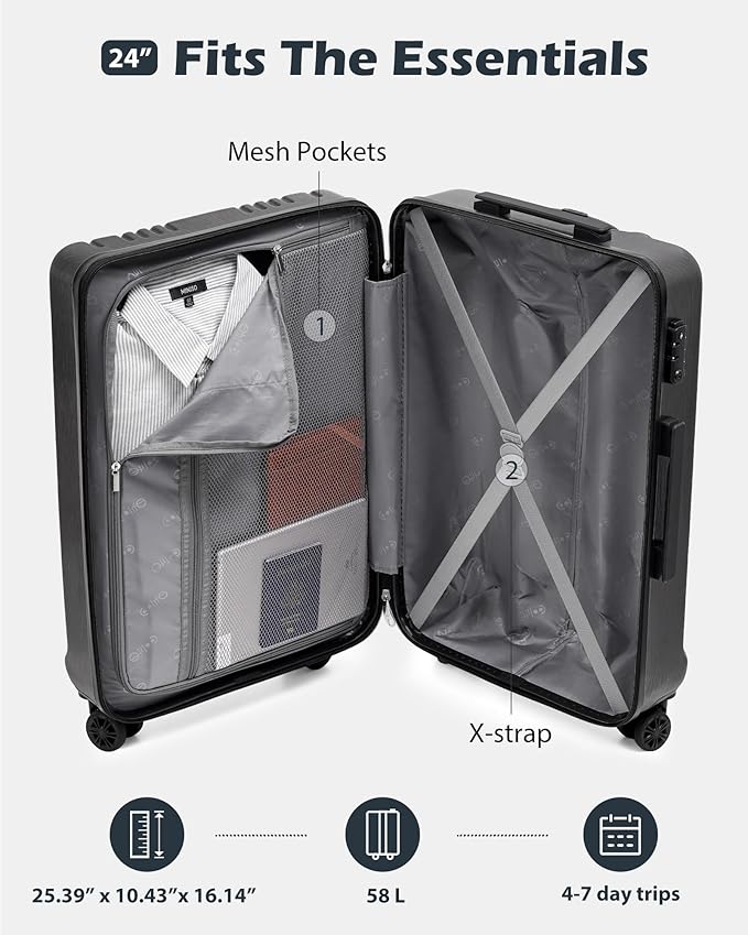 Coolife Luggage PC+ABS Hardshell Suitcase with TSA Lock, Spinner Checked Lightweight (white, M(24IN))