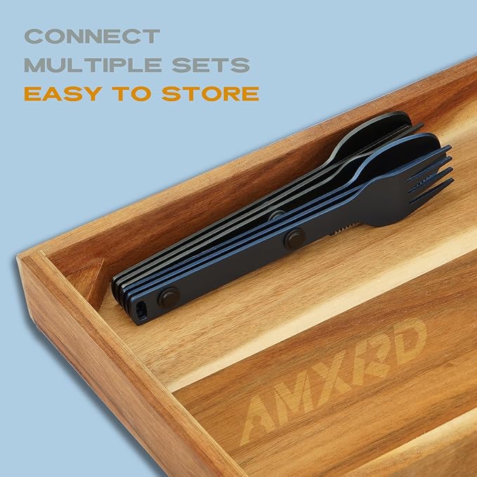 Magnetic Camping Utensils Set, Portable & Reusable Metal Travel Flatware, Camping Cutlery Set, Knife, Fork & Spoon, 3-PACK, Blue