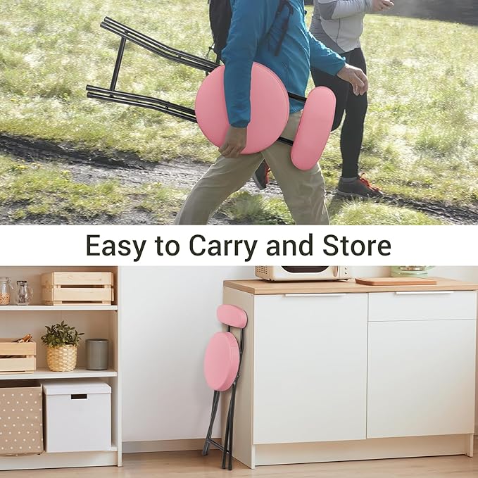 Cushioned Padded Folding Stools, Folding Bar Stool with Backrest, 220lb Capacity, 19 Inch Collapsible Round Portable Foldable Chair for Outdoor Indoor Kitchen Camping Fishing(Pink, 2 Pack)