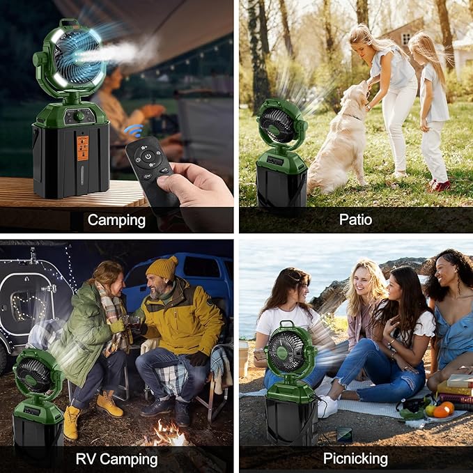 Odoland Portable Camping Fan with LED Light, 30000mAh Rechargeable Battery Operated Oscillating Fan with Remote & Hook, 6L Bucket Misting Fan for Outdoors Patios,Travel,Jobsite, Green