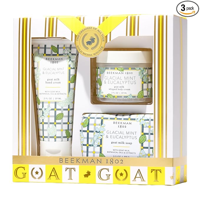 Beekman 1802 Glacial Mint & Eucalyptus 3-Piece Body Care Set – Goat Milk Skincare Gift Set with Bar Soap, Whipped Body Cream & Hydrating Hand Cream – Travel Size Body Care Kit